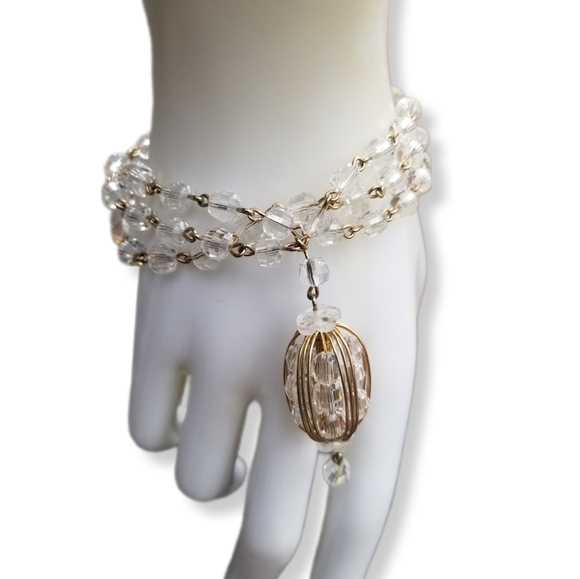 VINTAGE FACETED GLASS CRYSTAL BEAD & GOLDTONED CHAIN STATEMENT BRACELET - Picture 1 of 8